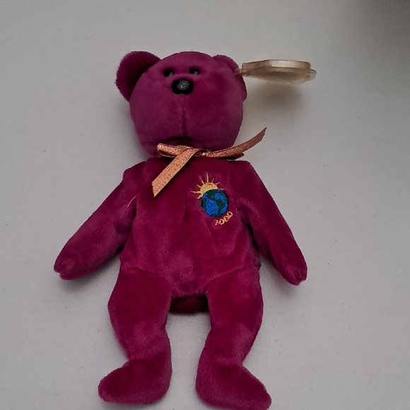 Ty Millenium Plush Magenta Bear with Embroidered Globe